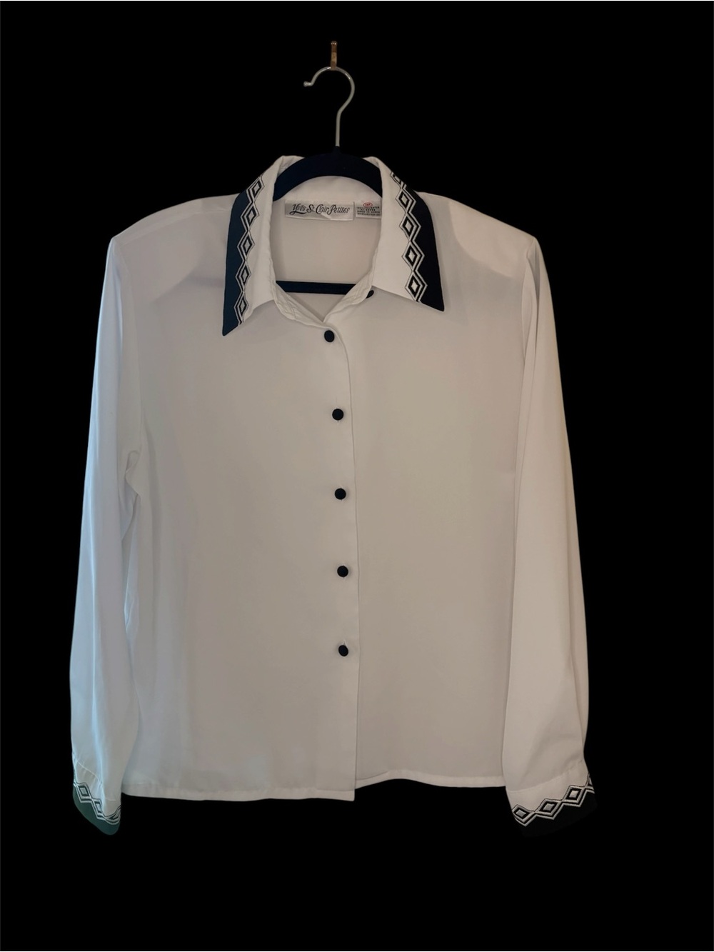 1980s Vintage Yves St. Clair White Button-Front Blouse with Black Trim